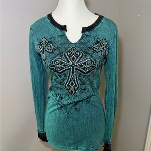 Teal Cross Embellished Women's Top